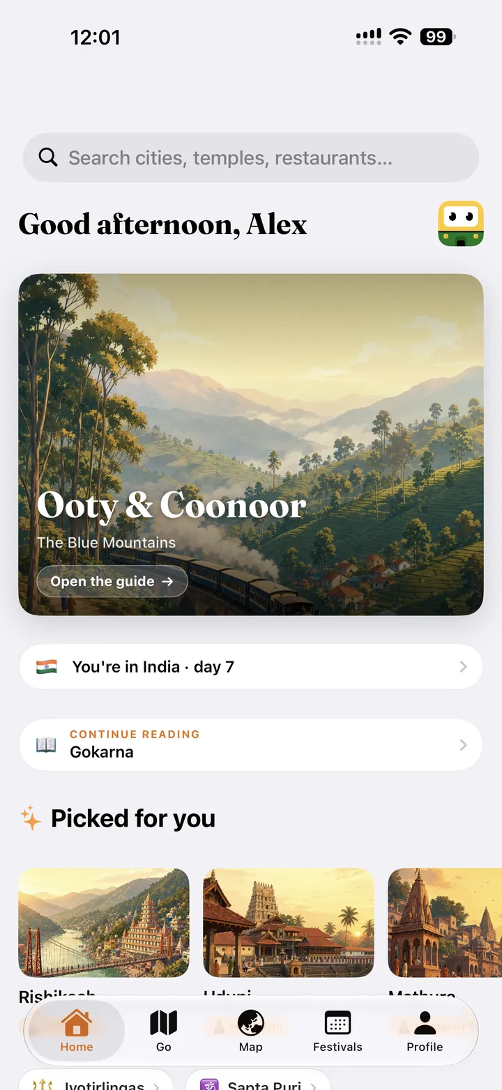 India GO home screen with the city of the day and search