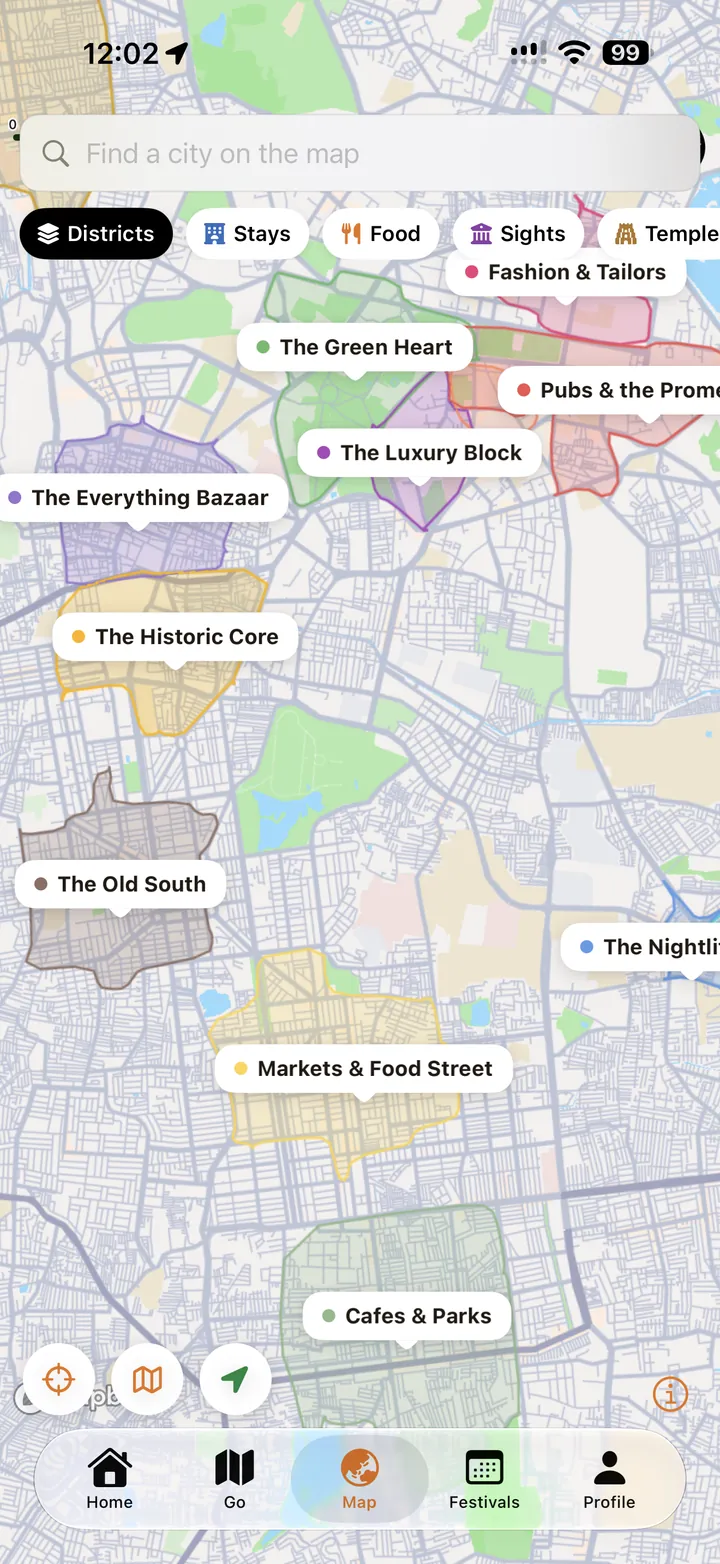 City map in India GO with its districts, stays, food and sights